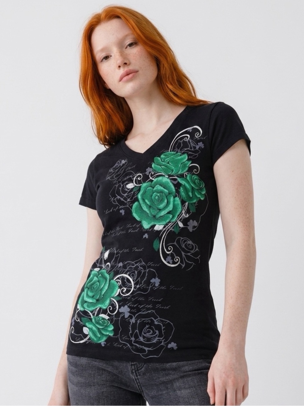 Black Graphic Tee Green Roses Floral Text Print Casual Top
